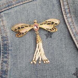 Vintage Avon Dragonfly Brooch Green Enamel Pink Rhinestone Faux Pearls Gold Tone